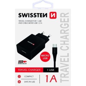 Obrázok pre výrobcu Swissten Síťový Adaptér Smart Ic 1X Usb 1A Power + Datový Kabel Usb / Micro Usb 1,2 M Černý