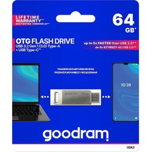 Obrázok pre výrobcu Goodram USB flash disk, USB 3.0, 64GB, ODA3, strieborný, USB A / USB C, s otočnou krytkou