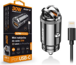 Obrázok pre výrobcu Aligator mini nabíječka do auta Power Delivery 30W,USB-C + USB-A, USB-C kabel pro iPhone/iPad