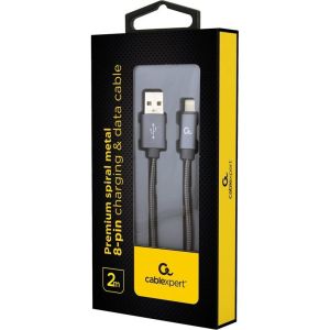 Obrázok pre výrobcu Gembird Premium spiral metal 8-pin charging and data cable, 2m, metallic-grey