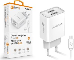 Obrázok pre výrobcu Chytrá síťová nabíječka ALIGATOR 2,4A, 2xUSB, smart IC, bílá, micro USB kabel