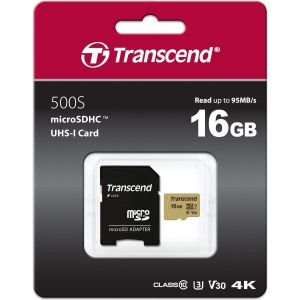 Obrázok pre výrobcu Transcend 16GB microSDHC 500S UHS-I U3 V30 (Class 10) MLC paměťová karta, 95MB/s R, 60MB/s W (s adaptérem)