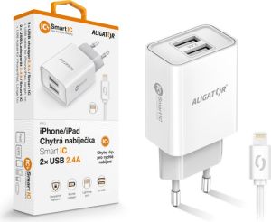 Obrázok pre výrobcu Chytrá síťová nabíječka ALIGATOR 2,4A, 2xUSB, smart IC, bílá, USB kabel pro iPhone/iPad