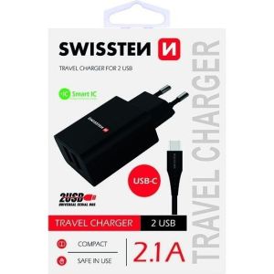 Obrázok pre výrobcu Swissten Síťový Adaptér Smart Ic 2X Usb 2,1A Power + Datový Kabel Usb / Type C 1,2 M Černý