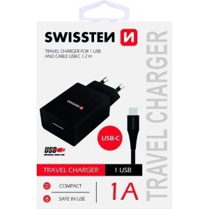 Obrázok pre výrobcu Swissten Síťový Adaptér Smart Ic 1X Usb 1A Power + Datový Kabel Usb / Type C 1,2 M Černý
