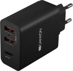 Obrázok pre výrobcu Canyon H-08, prémiová univerzálna nabíjačka do steny 30W, 2x USB, 5V/2.4A + 1xUSB-C Quick Charge, Smart IC, čierna