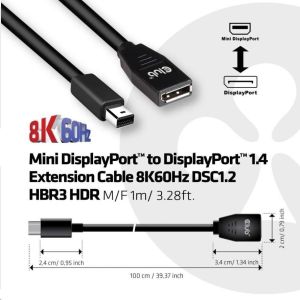 Obrázok pre výrobcu Club3D Mini DisplayPort kábel 1.4 na DisplayPort 8K 60Hz DSC 1.2 HBR3 HDR obojsmerný (M/F), 1m