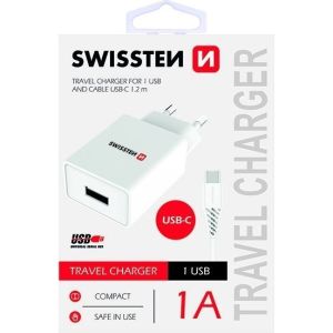 Obrázok pre výrobcu Swissten Síťový Adaptér Smart Ic 1X Usb 1A Power + Datový Kabel Usb / Type C 1,2 M Bílý