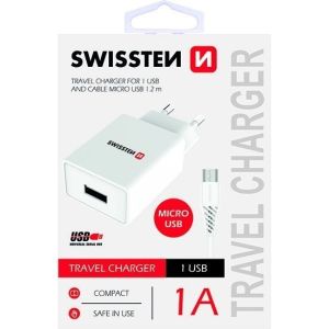 Obrázok pre výrobcu Swissten Síťový Adaptér Smart Ic 1X Usb 1A Power + Datový Kabel Usb / Micro Usb 1,2 M Bílý
