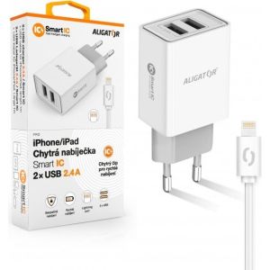 Obrázok pre výrobcu ALIGATOR Chytrá síťová nabíječka 2,4A, 2xUSB, smart IC, bílá, USB kabel pro iPhone/iPad