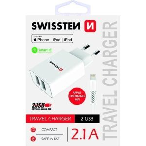 Obrázok pre výrobcu Swissten Síťový Adaptér Smart Ic 2X Usb 2,1A Power + Datový Kabel Usb / Lightning Mfi 1,2 M Bílý