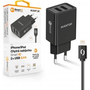 Obrázok pre výrobcu ALIGATOR Chytrá síťová nabíječka 2,4A, 2xUSB, smart IC, černá, USB kabel pro iPhone/iPad