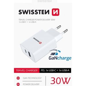 Obrázok pre výrobcu SWISSTEN Sieťový adaptér 30W, 2 porty, USB-C, USB-A, GaN rýchlo nabíjanie