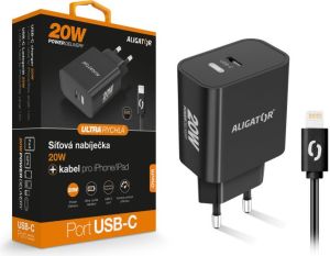 Obrázok pre výrobcu Chytrá síťová nabíječka ALIGATOR Power Delivery 20W, USB-C kabel pro iPhone/iPad, černá